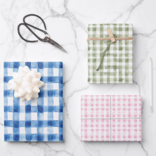 Gingham Check Patroon Blauw Roze Salie Groen Inpakpapier Vel