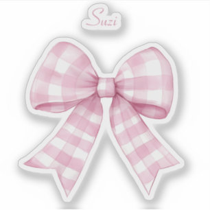 Gingham Check Pink Bow met naam Vinyl Sticker