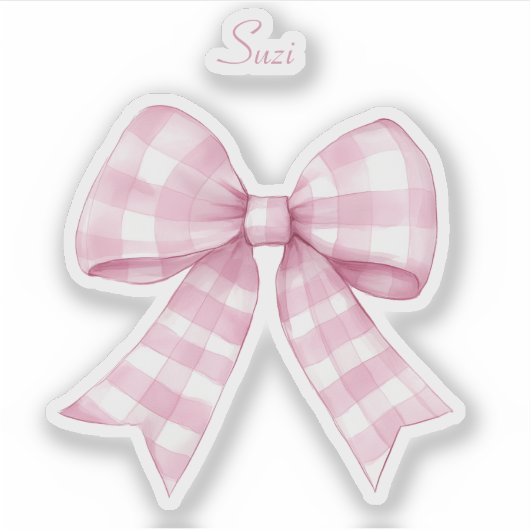 Gingham Check Roze Strik met Naam Vinyl Sticker (Voorkant)