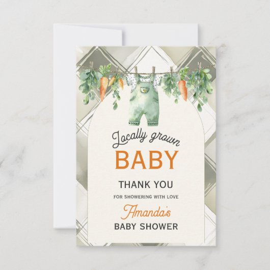 Gingham Clothesline Lokaal geteeld Baby shower Bedankkaart (Voorkant)