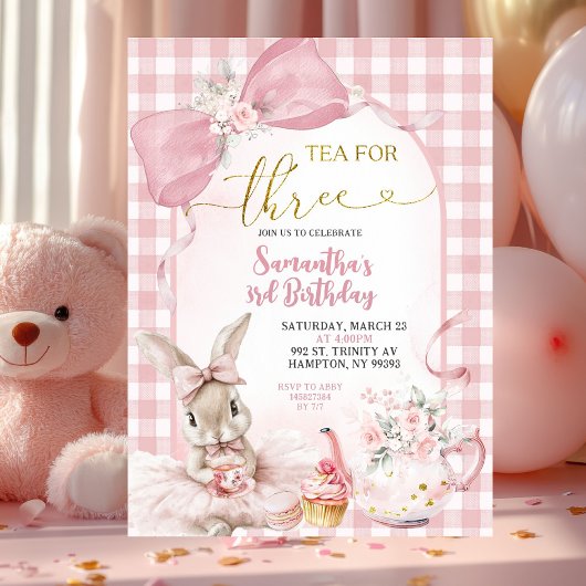 Gingham Coquette Pink Floral Bunny Third Birthday Kaart