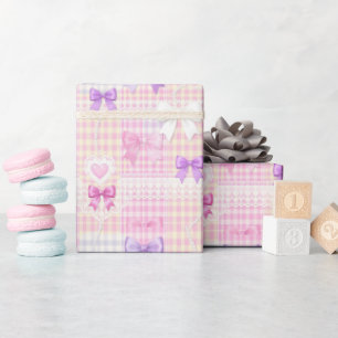 Gingham Coquette Strikjes Baby Shower Meisjes Verj Cadeaupapier