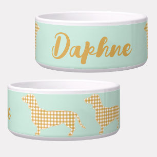 Gingham Dachshund op Duck Egg Blue - Script Name Voerbakje