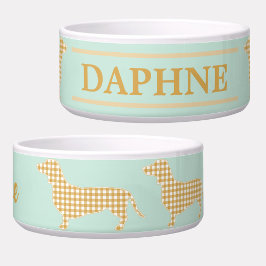 Gingham Dachshund op Duck Egg Blue - Traditioneel Voerbakje