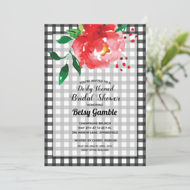 Gingham Derby Roos Bridal Shower Invitations (Staand voorkant)