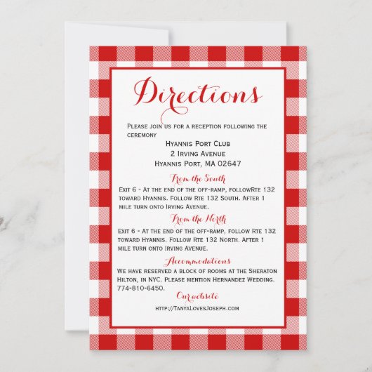 Gingham Directies - Rood witje bruiloft Kaart (Voorkant)