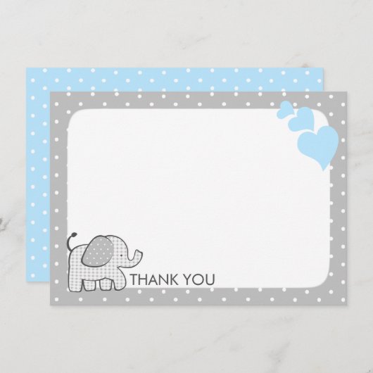 Gingham Elephant Baby Blauw en Grijs Dank u Bedankkaart (Voorkant / Achterkant)