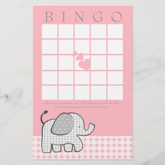 Gingham Elephant Pink Bingo Kaart (Voorkant)