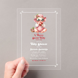 Gingham en Aardbei Zoete Baby Shower Acryl Uitnodigingen