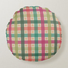 Gingham & geometrisch bloemenpatroon ronde kussen 
