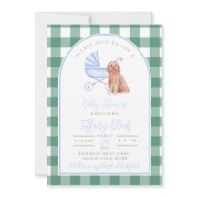 Gingham geruite hond jongen baby shower uitnodigin