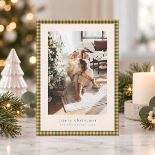 Gingham geruite Navy Blauwe Gele Kerst Foto Feestdagenkaart