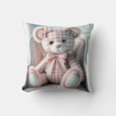 Gingham Girly Teddy Bear op een stoel Kussen (Voorkant)