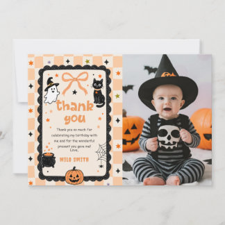 Gingham Halloween Verjaardag Foto Bedankkaart