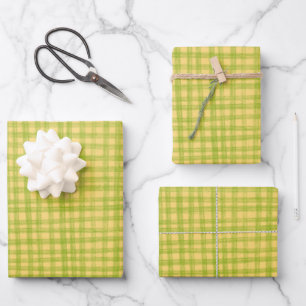 Gingham Handgetekende Moderne Mooie Groen Gele Pre Inpakpapier Vel