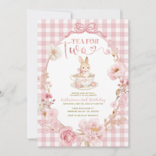 Gingham Konijn Thee Feestje Verjaardag Roze Strik Kaart