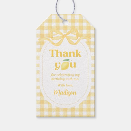 Gingham Lemon Themd 1e verjaardag Cadeaulabel (Voorkant)