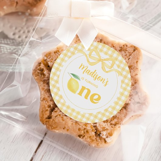 Gingham Lemon Themd 1e verjaardag Ronde Sticker