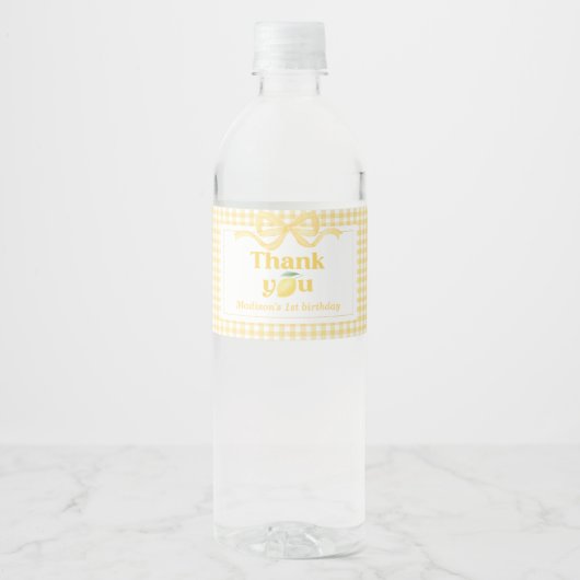Gingham Lemon Themd 1e verjaardag Waterfles Etiket (Voorkant)