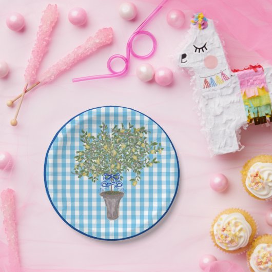 Gingham Lemons Lemon Tree  Papieren Bordje (Feest)