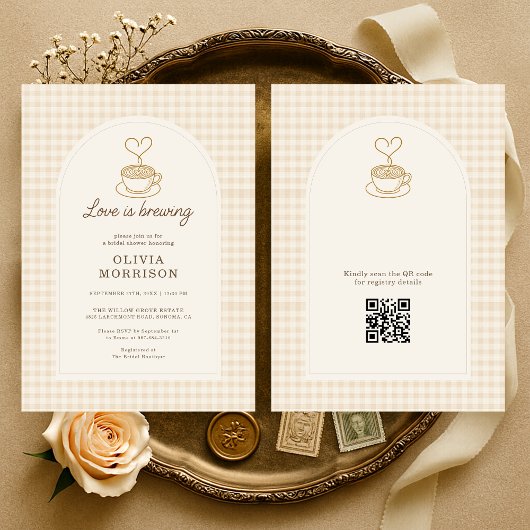 Gingham Love is Brewing QR Code Bruiloftsfeest Kaart