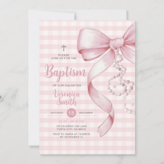 Gingham Meisje Doop Roze Bow Pearl Cross Kaart