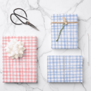 Gingham met de hand getekend modern schattig blauw inpakpapier vel