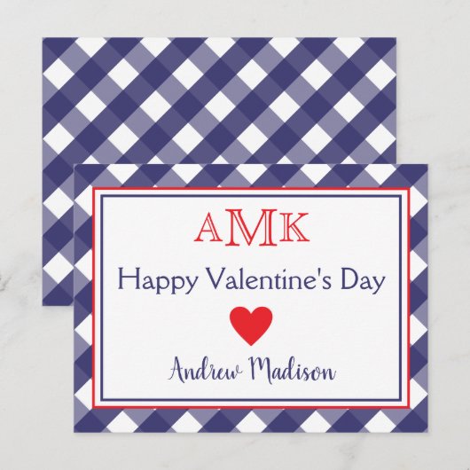 Gingham Monogram Valentijnse klaslokaalkaarten Briefkaart (Voorkant / Achterkant)