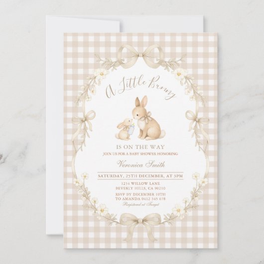 Gingham Neutral Bunny Baby Shower Invitation (Devant)