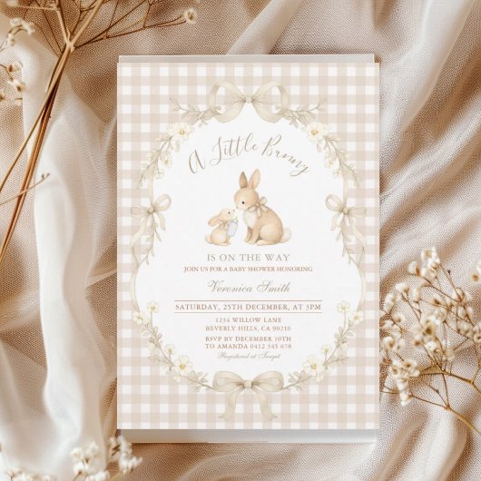 Gingham Neutral Bunny Baby Shower Invitation