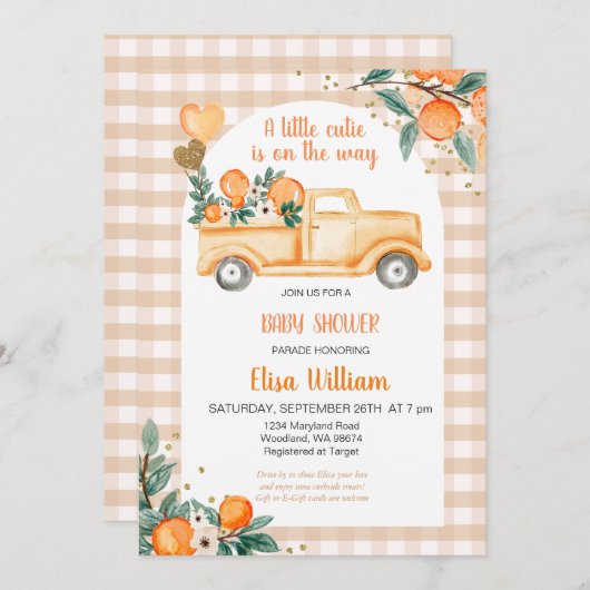 Gingham Oranje Citrus Little Cutie Baby shower Kaart (Voorkant / Achterkant)