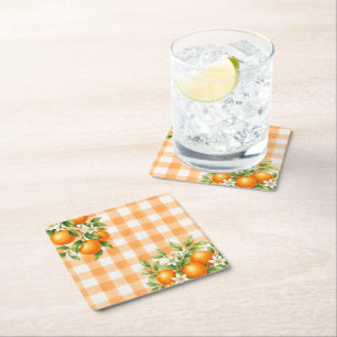 Gingham Oranje Een Klein Moppie Citrus Baby Shower Vierkante Kartonnen Onderzetter