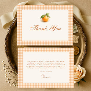 Gingham Oranje Little Cutie Baby Shower Bedankkaart