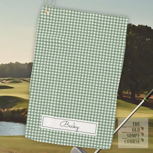 Gingham Patroon in Groen met Naam Golfhanddoek