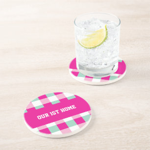 Gingham Patroon Ons 1e Thuis Zandsteen Onderzetter