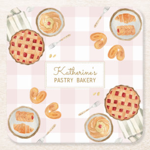 Gingham Patroon Waterverf Gebak Bakkerij Vierkante Kartonnen Onderzetter