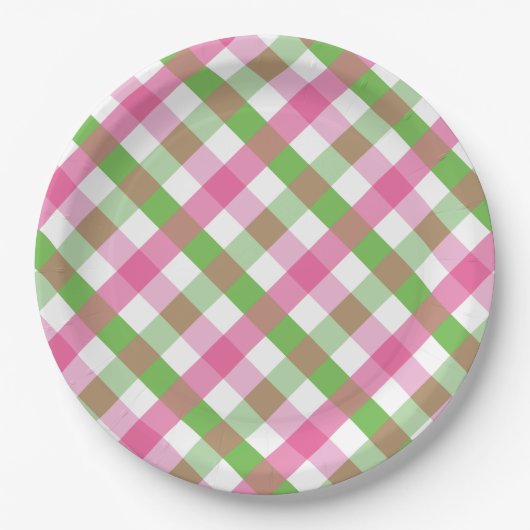 Gingham Pattern Green and Pink Papieren Bordje (Voorkant)