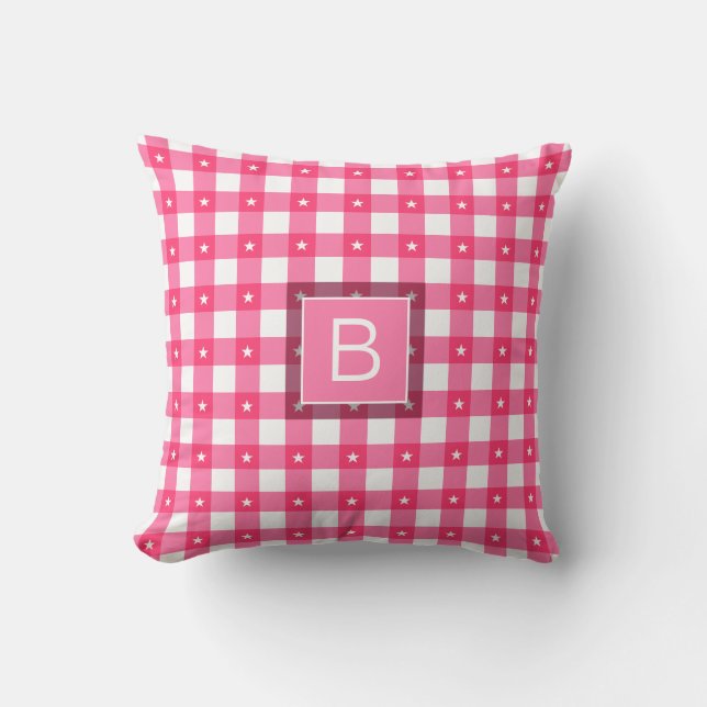 Gingham Pattern sterft roze witte monogram Kussen (Voorkant)