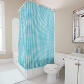 Gingham-patterned shower curtain in teal and white douchegordijn (In situ)