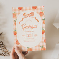 Gingham Peach Verjaardag Uitnodiging