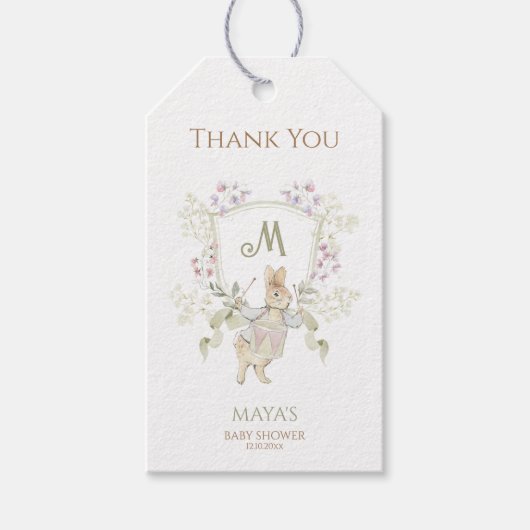 Gingham Peter de Konijn Monogram Baby shower Cadeaulabel (Voorkant)