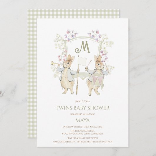 Gingham Peter the Rabbit Crest Twins Baby shower Kaart (Voorkant / Achterkant)