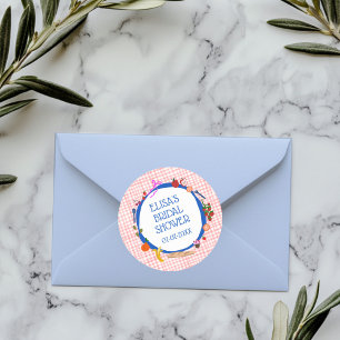 Gingham Picknick Modern Mooie Aangepaste Bruidsdou Ronde Sticker