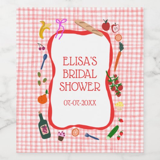 Gingham Picknick Moderne Cute Aangepaste Bruidsdou Wijn Etiket (Enkel label)