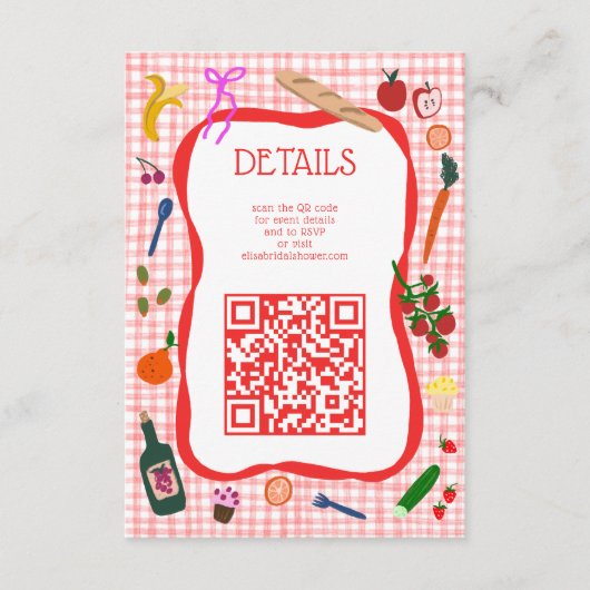 Gingham Picknick Moderne Cute Aangepaste QR Bruids Informatiekaartje (Voorkant)