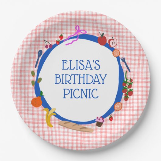 Gingham Picnic Modern Cute CUSTOM BIRTHDAY PARTY Papieren Bordje (Voorkant)