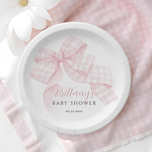 Gingham Pink Bow Baby shower Papieren Bordje