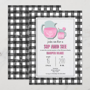 Gingham Pink Lemonade Sip & See Baby Invitation Kaart
