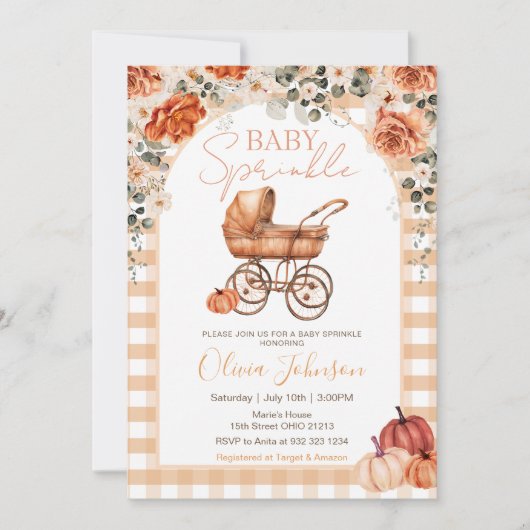 Gingham Pumpkin Stroller Baby Sprinkle Baby shower Kaart (Voorkant)