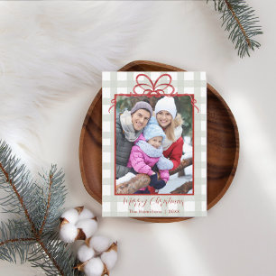 Gingham Rode Strik Familie Foto Kerstkaart Kaart